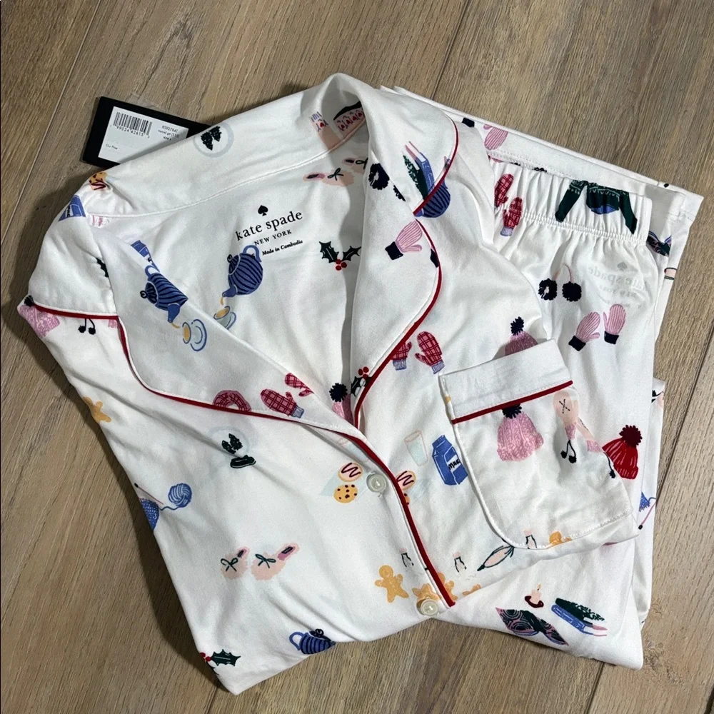 NWT Kate Spade Winter Themed Pajama Set Size S Cozy Chic Whimsical Playful